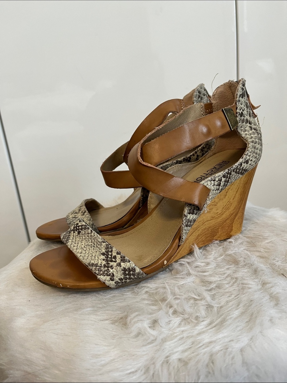 Snake-Print & Tan Wooden Wedge Sandals, Size 8.5